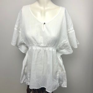 DKNY White 100% Cotton Batwing Eyelet Flutter Sleeve Blouse Top Size S